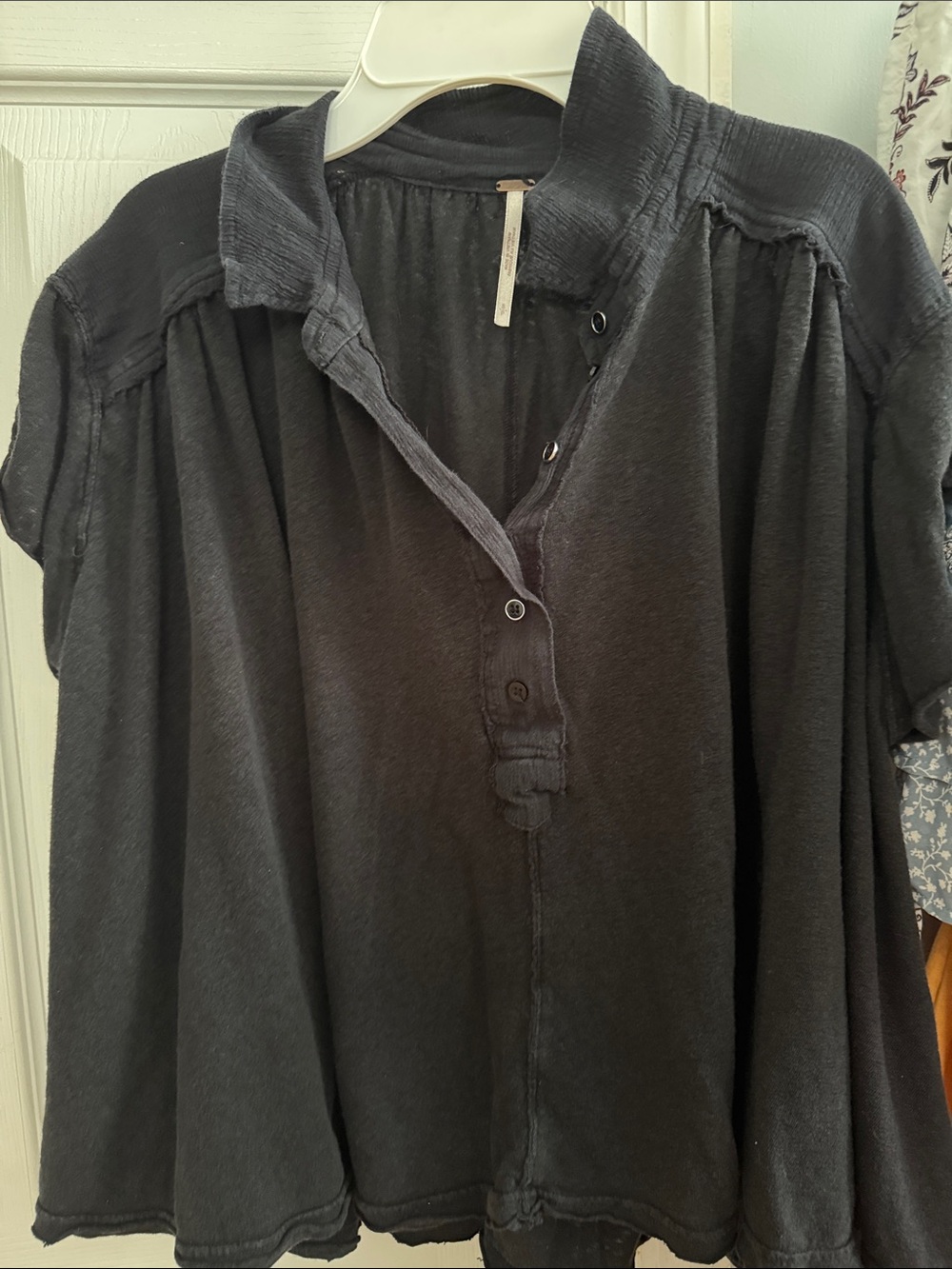 Black Flowy Short Sleeve Button Top